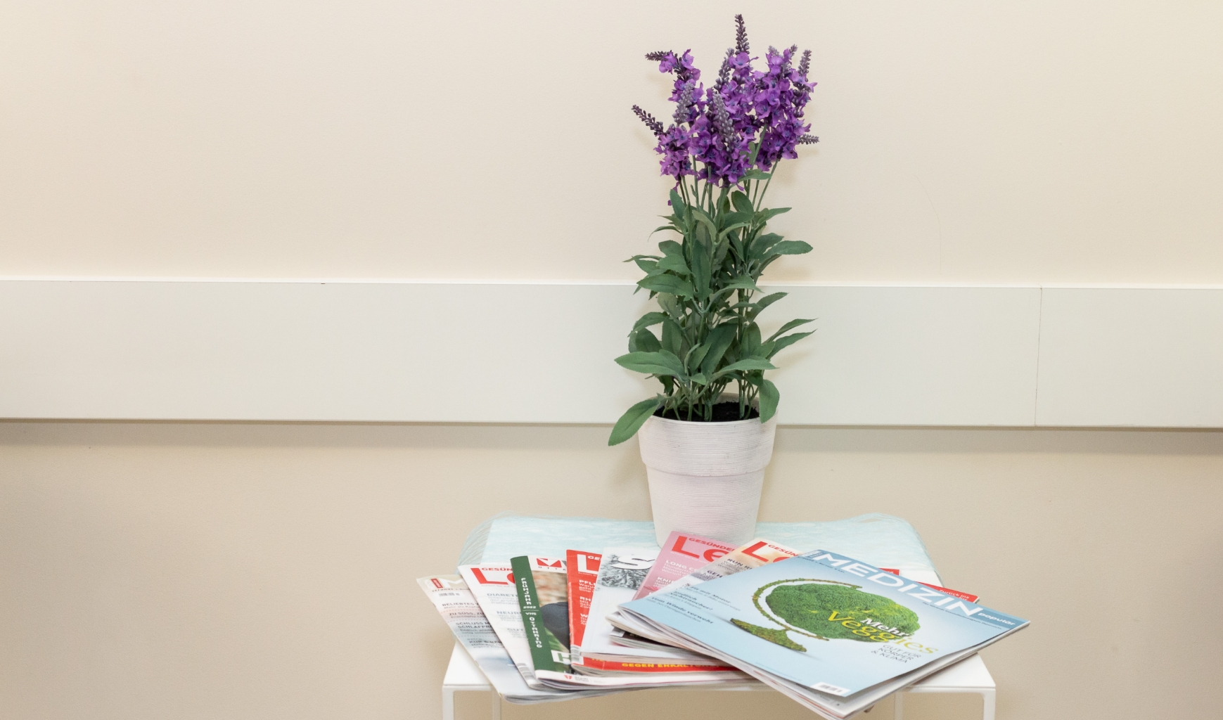 Blumen und Zeitschriften im Warteraum